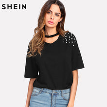 Load image into Gallery viewer, SHEIN Pearl Beaded Choker Neck Tee Casual Women T shirt 2018