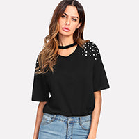 Load image into Gallery viewer, SHEIN Pearl Beaded Choker Neck Tee Casual Women T shirt 2018