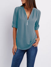 Load image into Gallery viewer, Top Tee Streetwear T-Shirt Chiffon V Neck Zipper  Brand tshirt Summer T Shirt