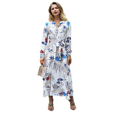 Load image into Gallery viewer, New 2018 women's wear holiday wind printing V collar long sleeved waistband long dress
