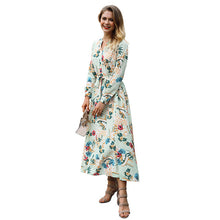 Load image into Gallery viewer, New 2018 women's wear holiday wind printing V collar long sleeved waistband long dress