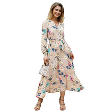 Load image into Gallery viewer, New 2018 women's wear holiday wind printing V collar long sleeved waistband long dress
