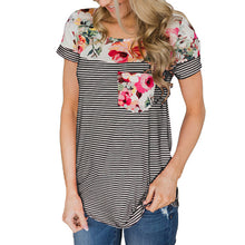 Load image into Gallery viewer, Women floral printed t shirts round neck striped short casual tops