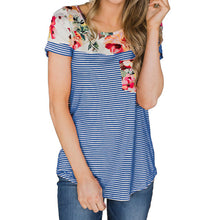 Load image into Gallery viewer, Women floral printed t shirts round neck striped short casual tops