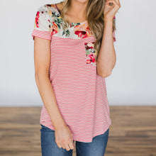 Load image into Gallery viewer, Women floral printed t shirts round neck striped short casual tops