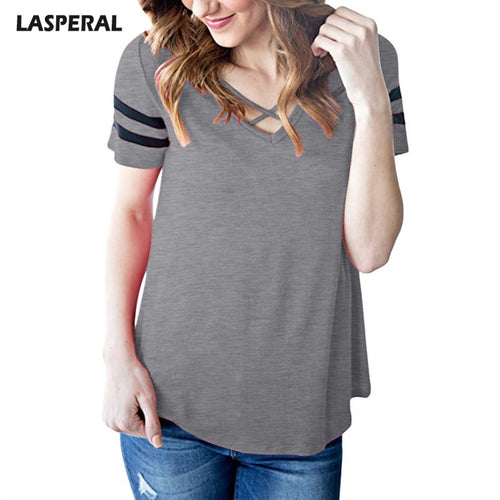 LASPERAL Casual V Neck Women Summer T Shirt Short Sleeve Hollow Out Fashion